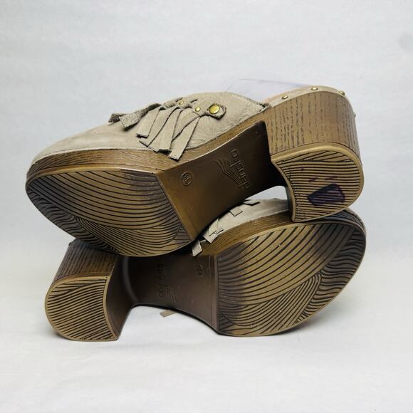 Dansko Deni Taupe Leather Fringe Studded 3” Heel Mule Clog Womens Size 38 US 8 - Picture 9 of 11